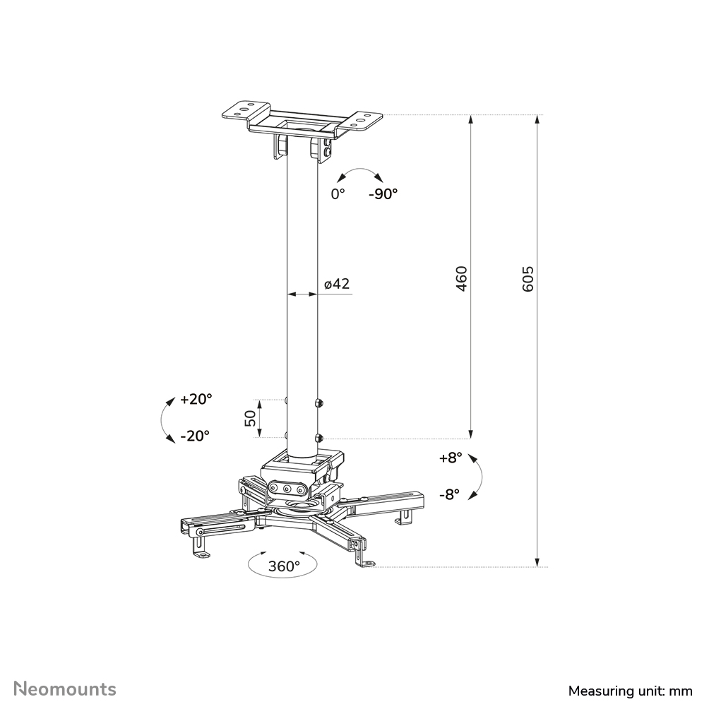 Neomounts CL25-540WH1 Supporto a soffitto beamer - alt. 60,5-90,5 cm - montaggio facile - mobilità completa